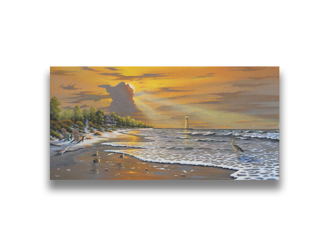 A painting of a beach scene, with a house and lighthouse in the distance. Birds trot along the sand, and the sun peeks from behind a cloud, shining beams of light down on them. Printed on canvas.