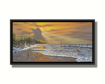 A painting of a beach scene, with a house and lighthouse in the distance. Birds trot along the sand, and the sun peeks from behind a cloud, shining beams of light down on them. Printed on canvas in a float frame.