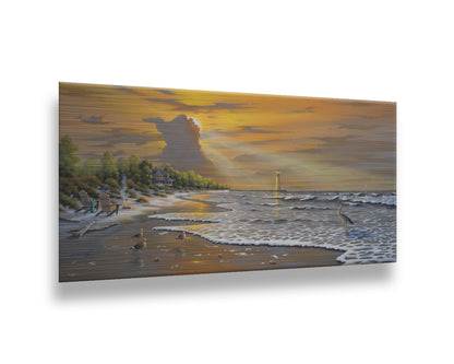 A painting of a beach scene, with a house and lighthouse in the distance. Birds trot along the sand, and the sun peeks from behind a cloud, shining beams of light down on them. Printed on metal.