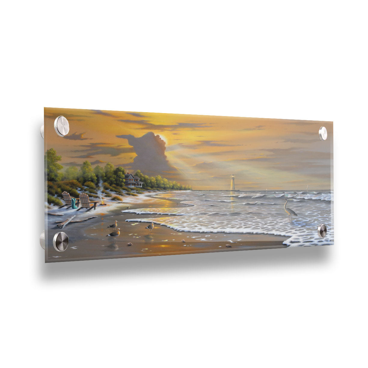 A painting of a beach scene, with a house and lighthouse in the distance. Birds trot along the sand, and the sun peeks from behind a cloud, shining beams of light down on them. Printed on acrylic.