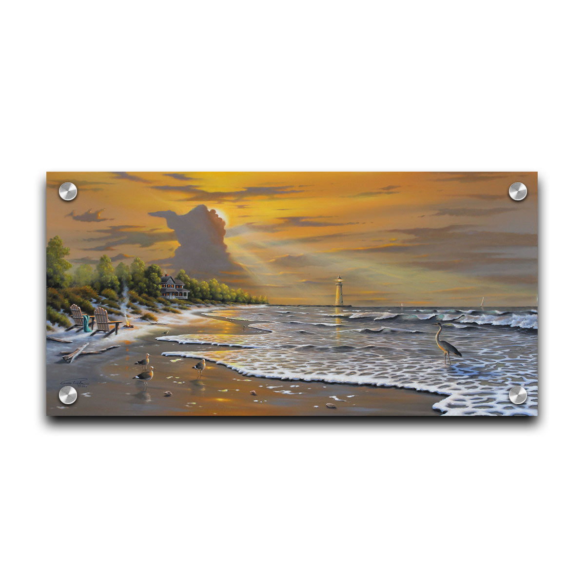 A painting of a beach scene, with a house and lighthouse in the distance. Birds trot along the sand, and the sun peeks from behind a cloud, shining beams of light down on them. Printed on acrylic.