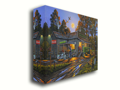 A painting of a general store nestled in the woods, offering fresh produce, hunting and fishing supplies, and Coca-Cola soda pop on a brisk October night. Printed on canvas.