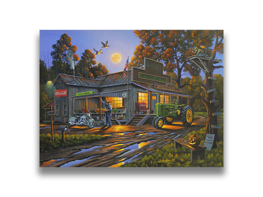 A painting of a general store nestled in the woods, offering fresh produce, hunting and fishing supplies, and Coca-Cola soda pop on a brisk October night. Printed on canvas.