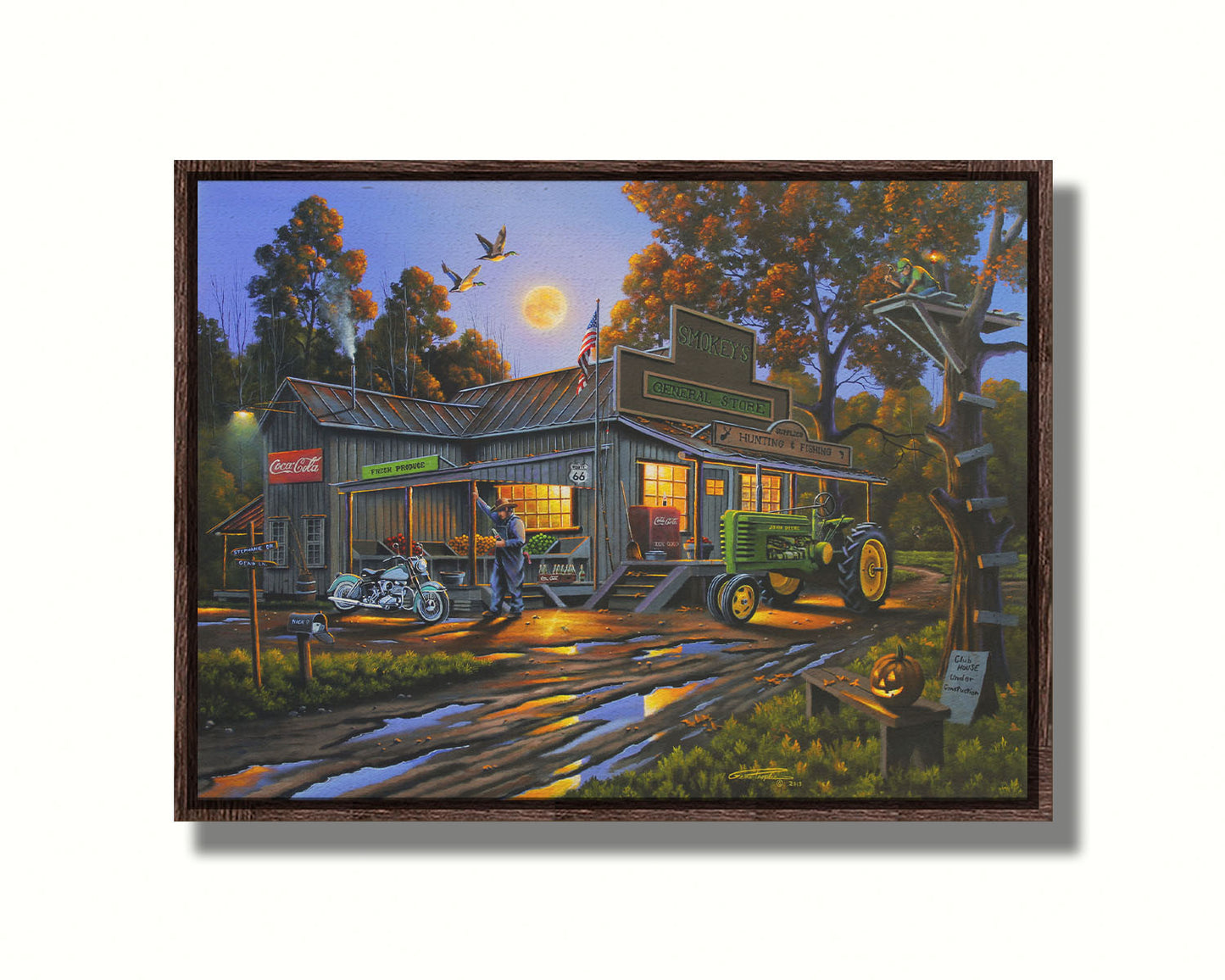 A painting of a general store nestled in the woods, offering fresh produce, hunting and fishing supplies, and Coca-Cola soda pop on a brisk October night. Printed on canvas in a float frame.