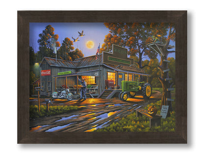 A painting of a general store nestled in the woods, offering fresh produce, hunting and fishing supplies, and Coca-Cola soda pop on a brisk October night. Printed on canvas and framed.