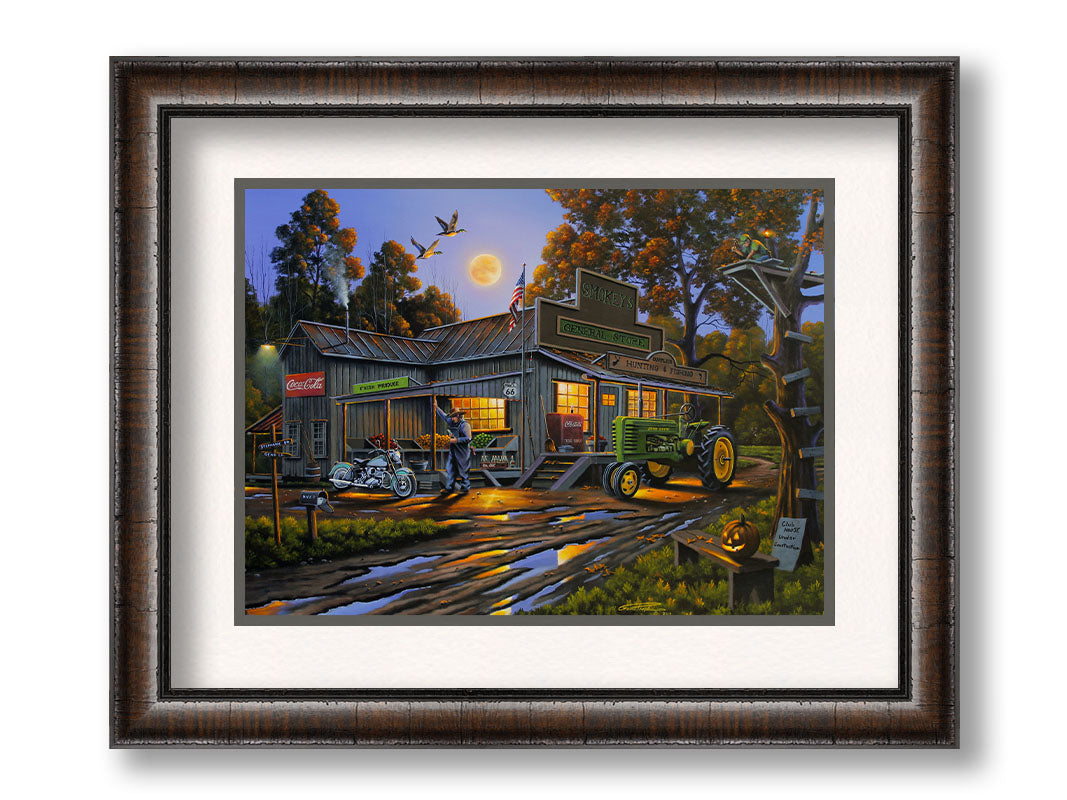 A painting of a general store nestled in the woods, offering fresh produce, hunting and fishing supplies, and Coca-Cola soda pop on a brisk October night. Printed on paper, matted, and framed.