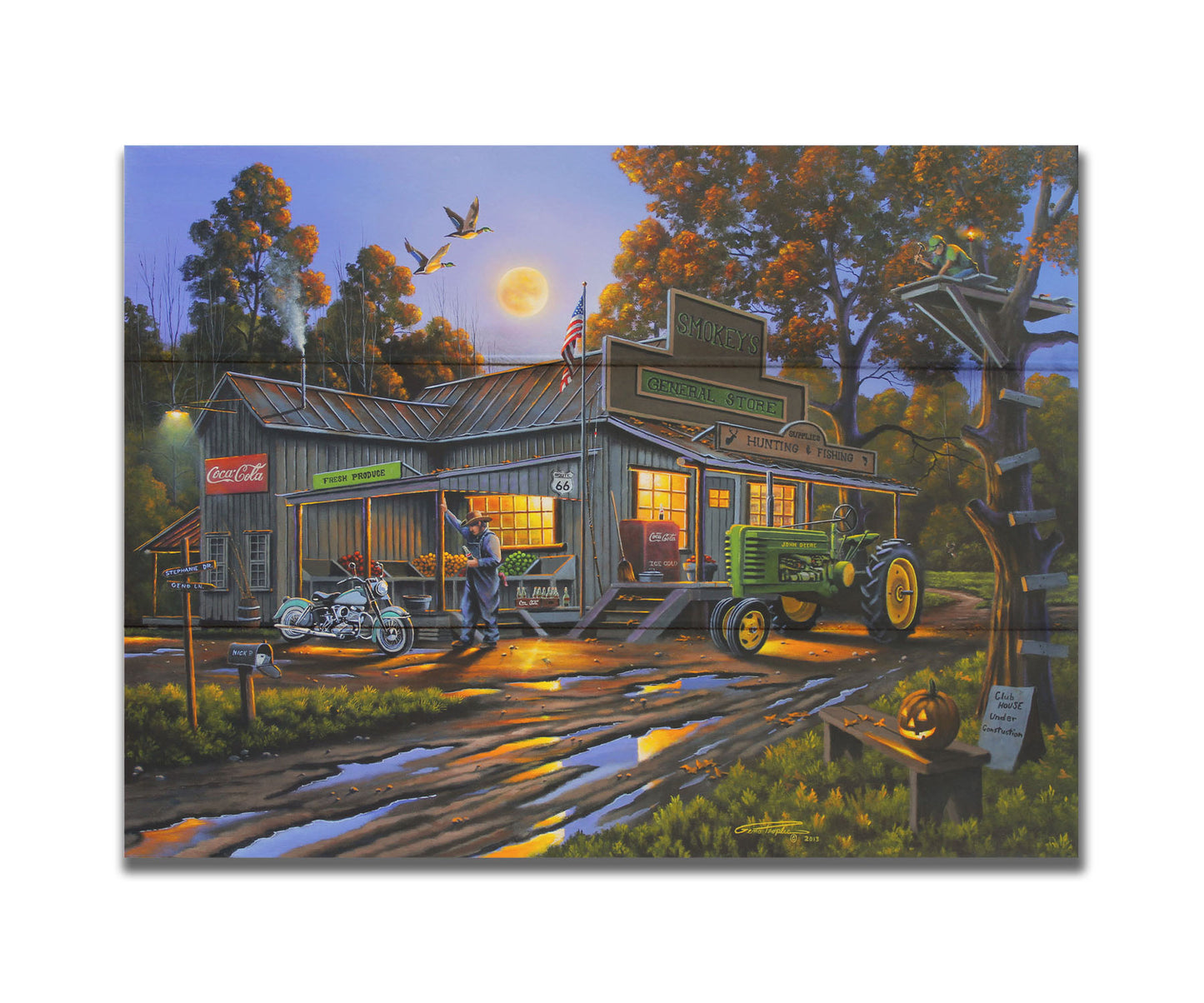 A painting of a general store nestled in the woods, offering fresh produce, hunting and fishing supplies, and Coca-Cola soda pop on a brisk October night. Printed on a box board.