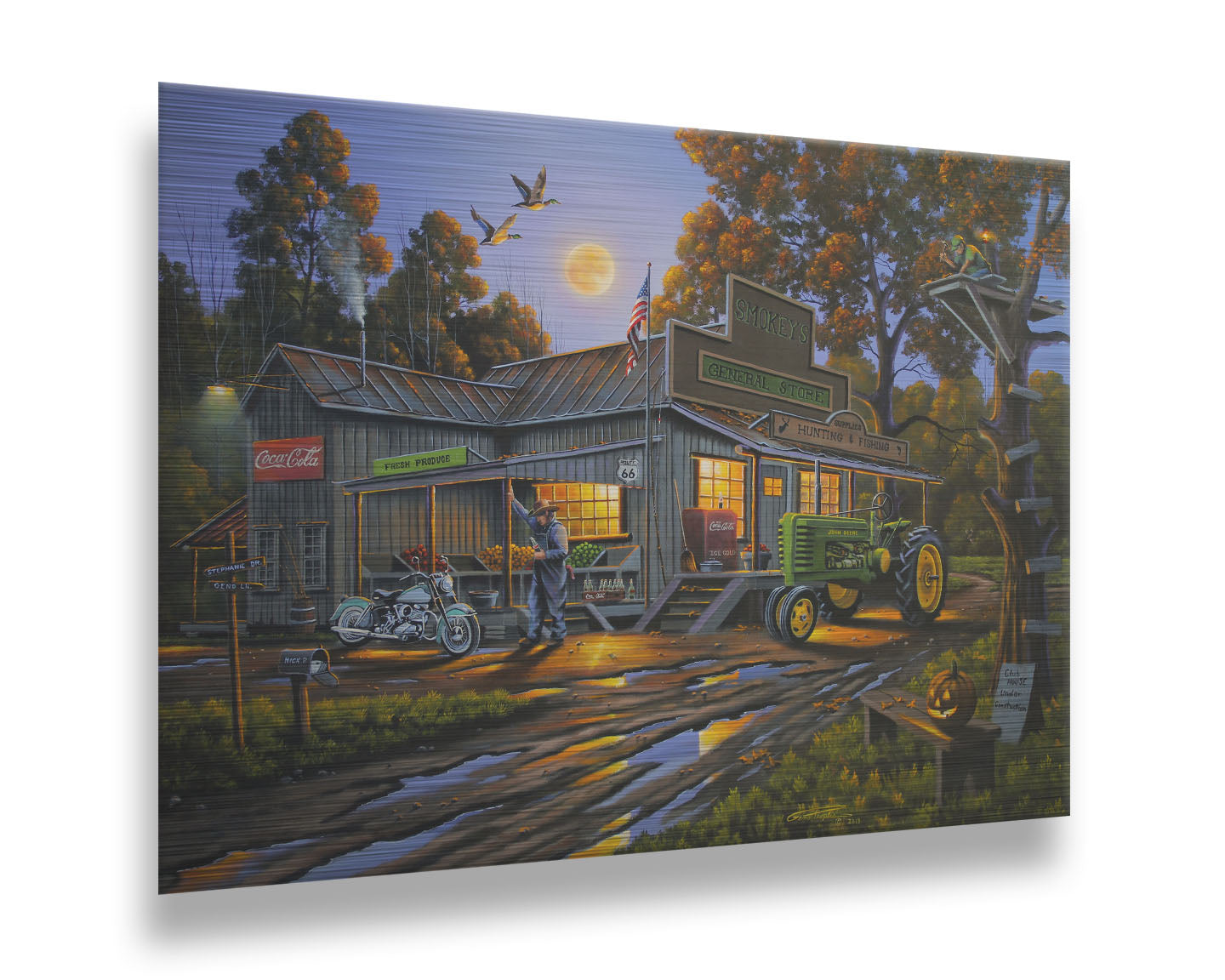 A painting of a general store nestled in the woods, offering fresh produce, hunting and fishing supplies, and Coca-Cola soda pop on a brisk October night. Printed on metal.