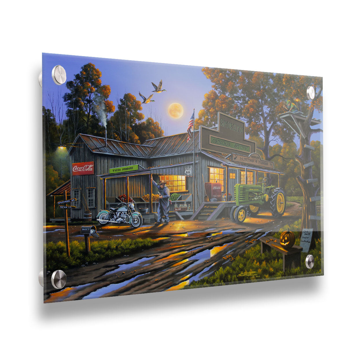 A painting of a general store nestled in the woods, offering fresh produce, hunting and fishing supplies, and Coca-Cola soda pop on a brisk October night. Printed on acrylic.