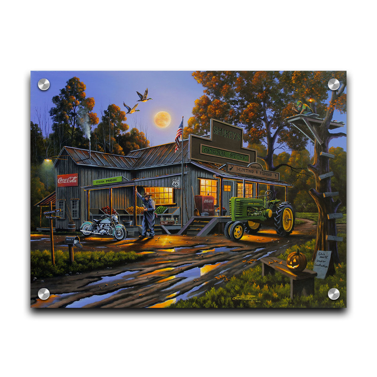 A painting of a general store nestled in the woods, offering fresh produce, hunting and fishing supplies, and Coca-Cola soda pop on a brisk October night. Printed on acrylic.