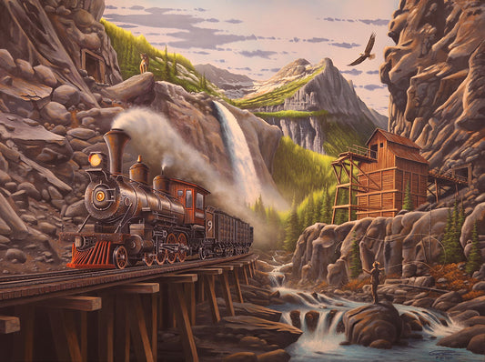 Landscape painting of a steam train traveling through a mountain pass overlooking a river fed by a waterfall. A person fishes nearby.