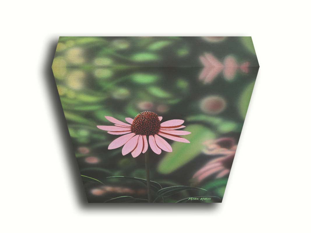 A painting of a pink coneflower, with a garden of additional pink coneflowers blurred with perspective in the backgroud. Printed on canvas.