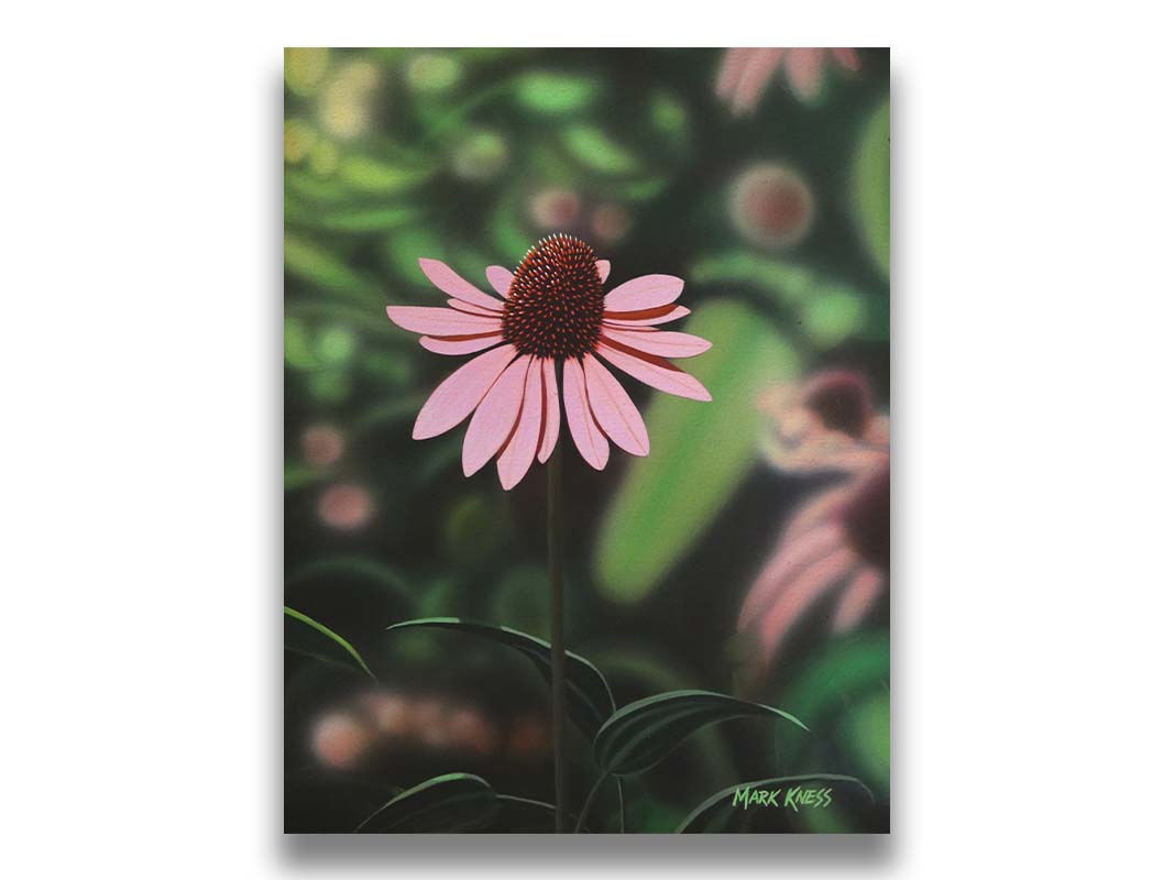 A painting of a pink coneflower, with a garden of additional pink coneflowers blurred with perspective in the backgroud. Printed on canvas.