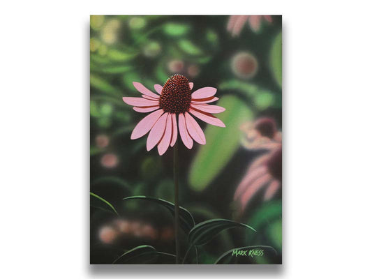 A painting of a pink coneflower, with a garden of additional pink coneflowers blurred with perspective in the backgroud. Printed on canvas.