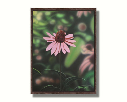 A painting of a pink coneflower, with a garden of additional pink coneflowers blurred with perspective in the backgroud. Printed on canvas in a float frame.