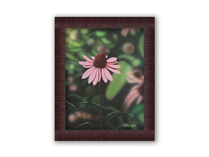 A painting of a pink coneflower, with a garden of additional pink coneflowers blurred with perspective in the backgroud. Printed on canvas and framed.