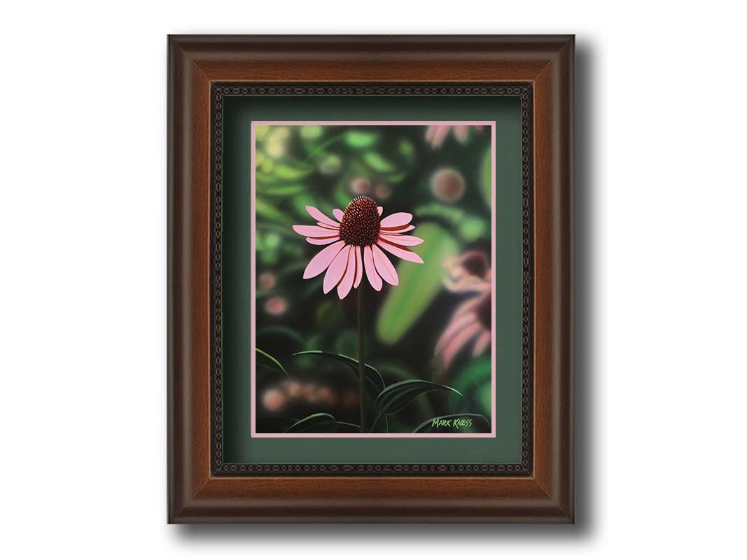 A painting of a pink coneflower, with a garden of additional pink coneflowers blurred with perspective in the backgroud. Printed on paper, matted, and framed.