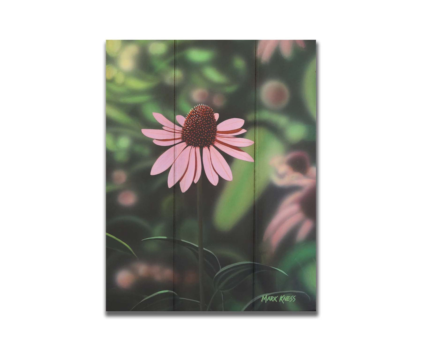 A painting of a pink coneflower, with a garden of additional pink coneflowers blurred with perspective in the backgroud. Printed on acrylic.