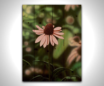 A painting of a pink coneflower, with a garden of additional pink coneflowers blurred with perspective in the backgroud. Printed on a wood pallet.