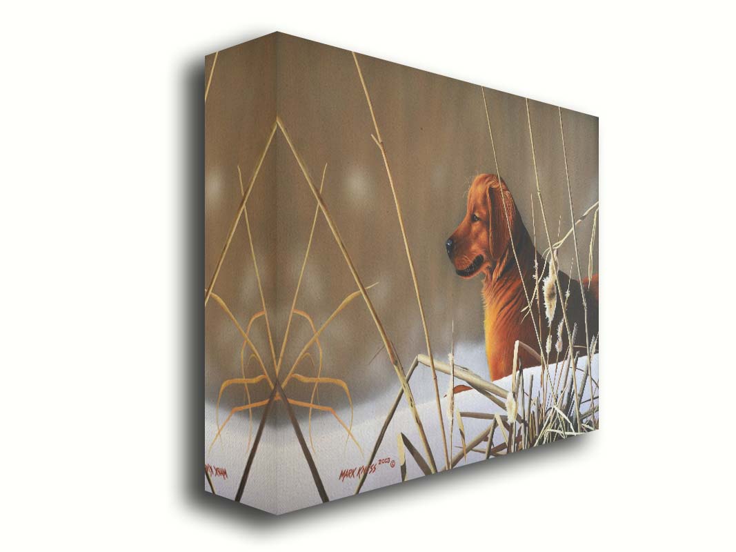 A portrait painting of a golden retriever, surrounded by a snowy landscape with brown, dead plants frozen in the winter cold. Printed on canvas.