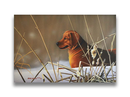 A portrait painting of a golden retriever, surrounded by a snowy landscape with brown, dead plants frozen in the winter cold. Printed on canvas.