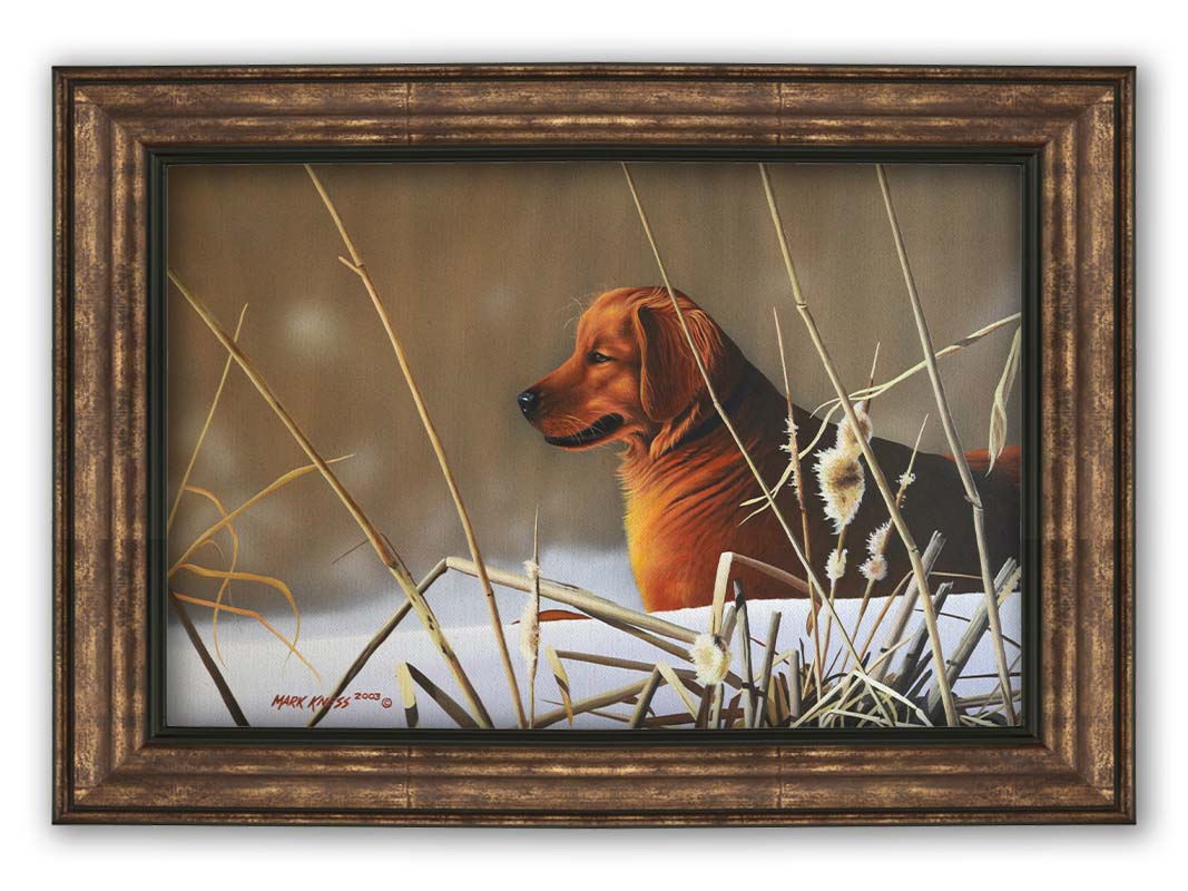 A portrait painting of a golden retriever, surrounded by a snowy landscape with brown, dead plants frozen in the winter cold. Printed on canvas and framed.