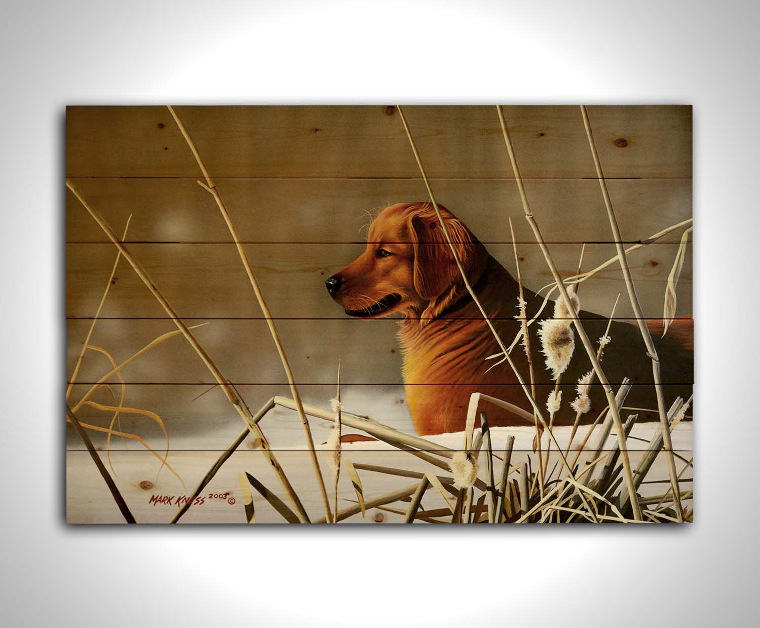 A portrait painting of a golden retriever, surrounded by a snowy landscape with brown, dead plants frozen in the winter cold. Printed on a wood pallet.