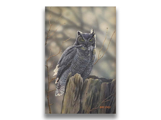 A painting of a great horned owl perched atop a log. Printed on canvas.