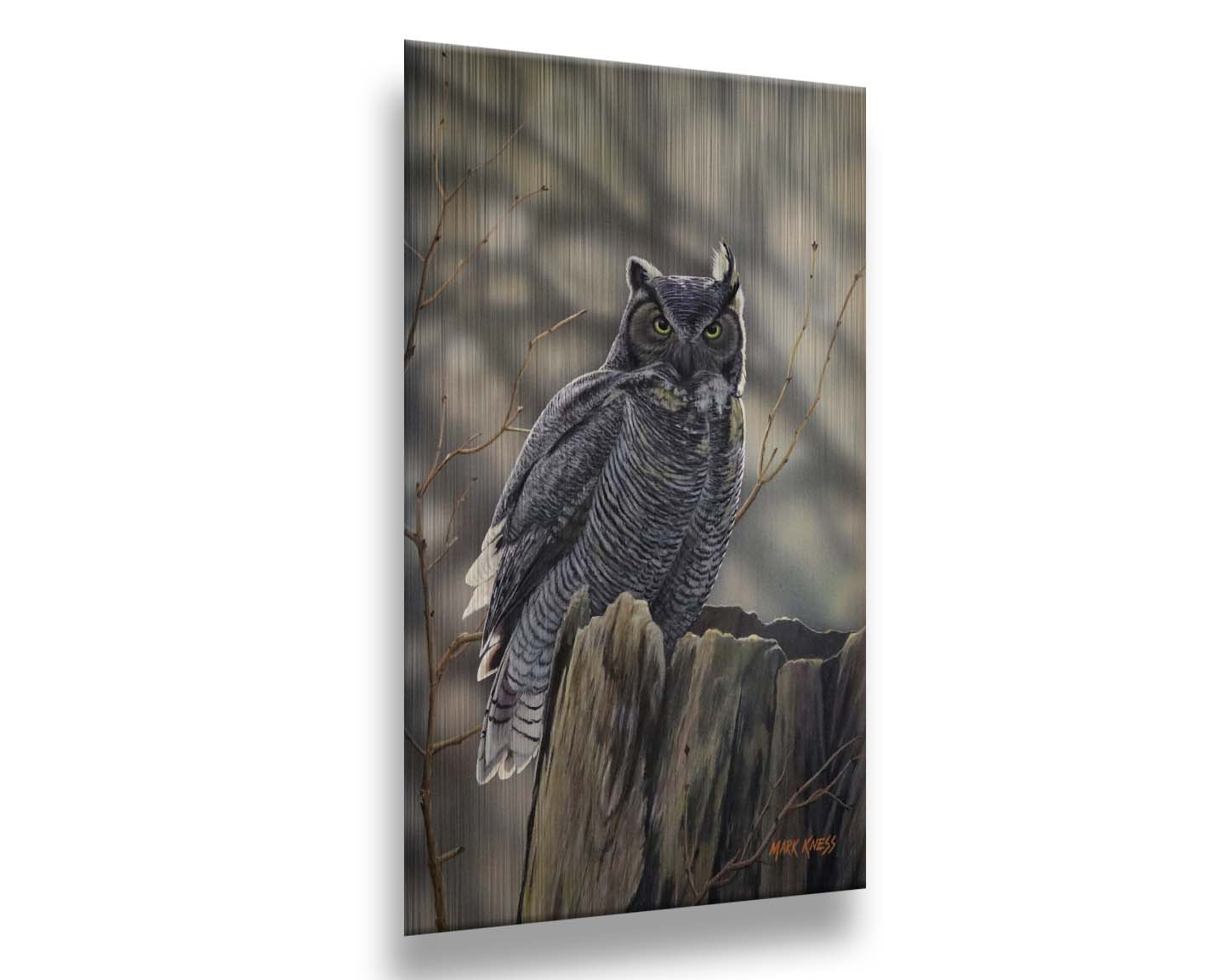 A painting of a great horned owl perched atop a log. Printed on metal.