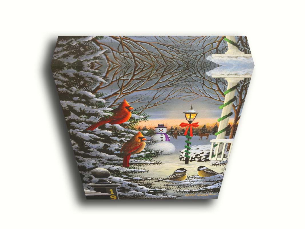 A painting of cardinals and chickadees perched on snowy evergreen branches. In the background, a festively decorated streetlamp illuminates a nearby snowman. Deer look on in the distance. Printed on canvas.