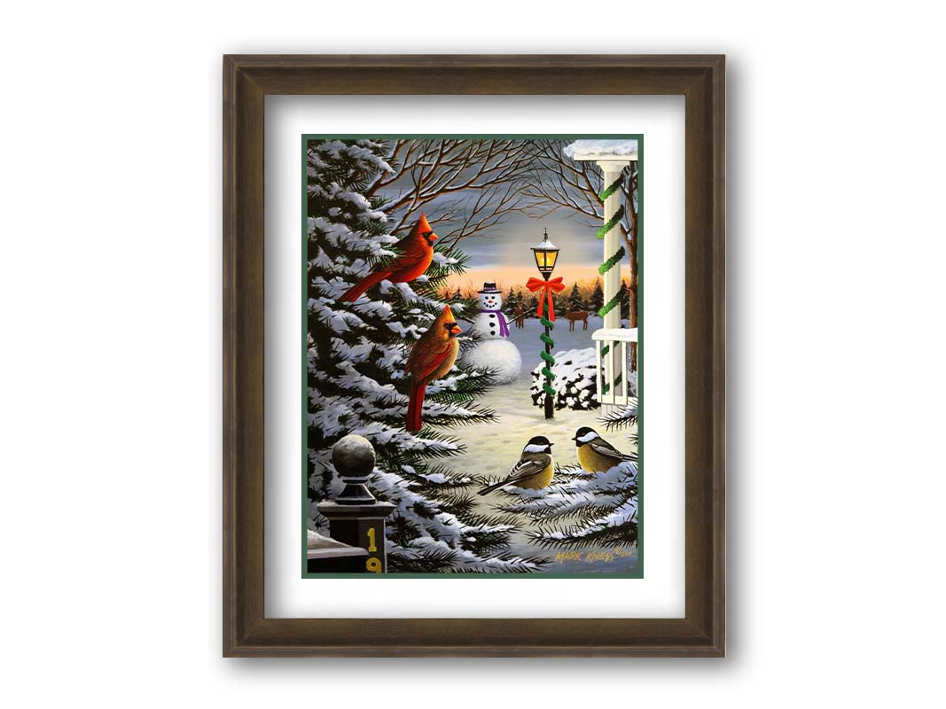 A painting of cardinals and chickadees perched on snowy evergreen branches. In the background, a festively decorated streetlamp illuminates a nearby snowman. Deer look on in the distance. Printed on paper, matted, and framed.