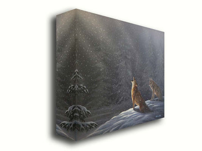 A painting of a snowy night scene. As the snow falls in the forest, illuminated by moonlight, a wolf howls at the sky. Printed on canvas.