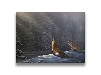 A painting of a snowy night scene. As the snow falls in the forest, illuminated by moonlight, a wolf howls at the sky. Printed on canvas.