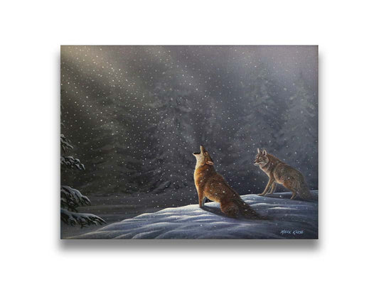 A painting of a snowy night scene. As the snow falls in the forest, illuminated by moonlight, a wolf howls at the sky. Printed on canvas.