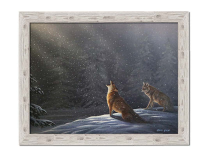 A painting of a snowy night scene. As the snow falls in the forest, illuminated by moonlight, a wolf howls at the sky. Printed on canvas and framed.