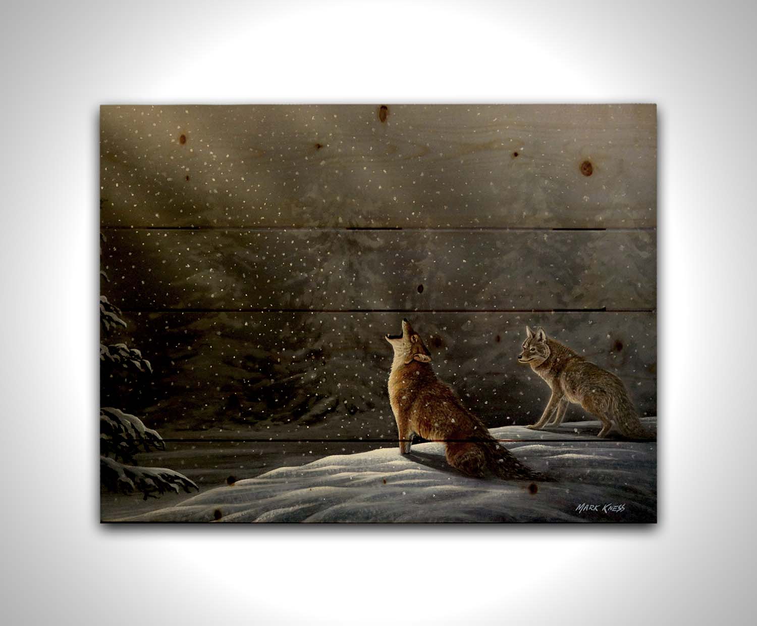 A painting of a snowy night scene. As the snow falls in the forest, illuminated by moonlight, a wolf howls at the sky. Printed on a wood pallet.