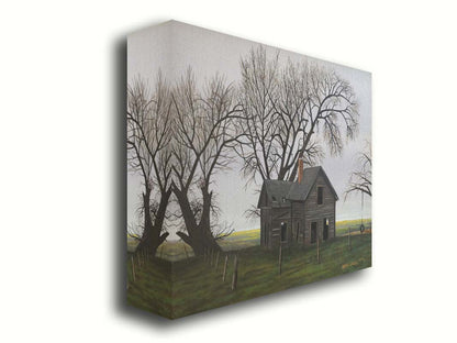 A painting of an old, abandoned house. There is a tire swing hanging on a bare tree in the yard, and the fields in the background are buried in fog. Printed on canvas.