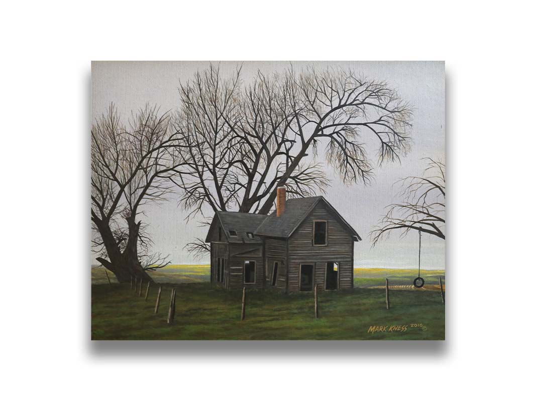 A painting of an old, abandoned house. There is a tire swing hanging on a bare tree in the yard, and the fields in the background are buried in fog. Printed on canvas.