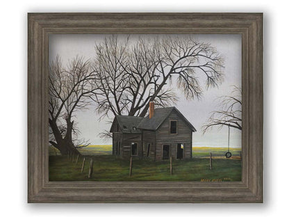 A painting of an old, abandoned house. There is a tire swing hanging on a bare tree in the yard, and the fields in the background are buried in fog. Printed on canvas and framed.