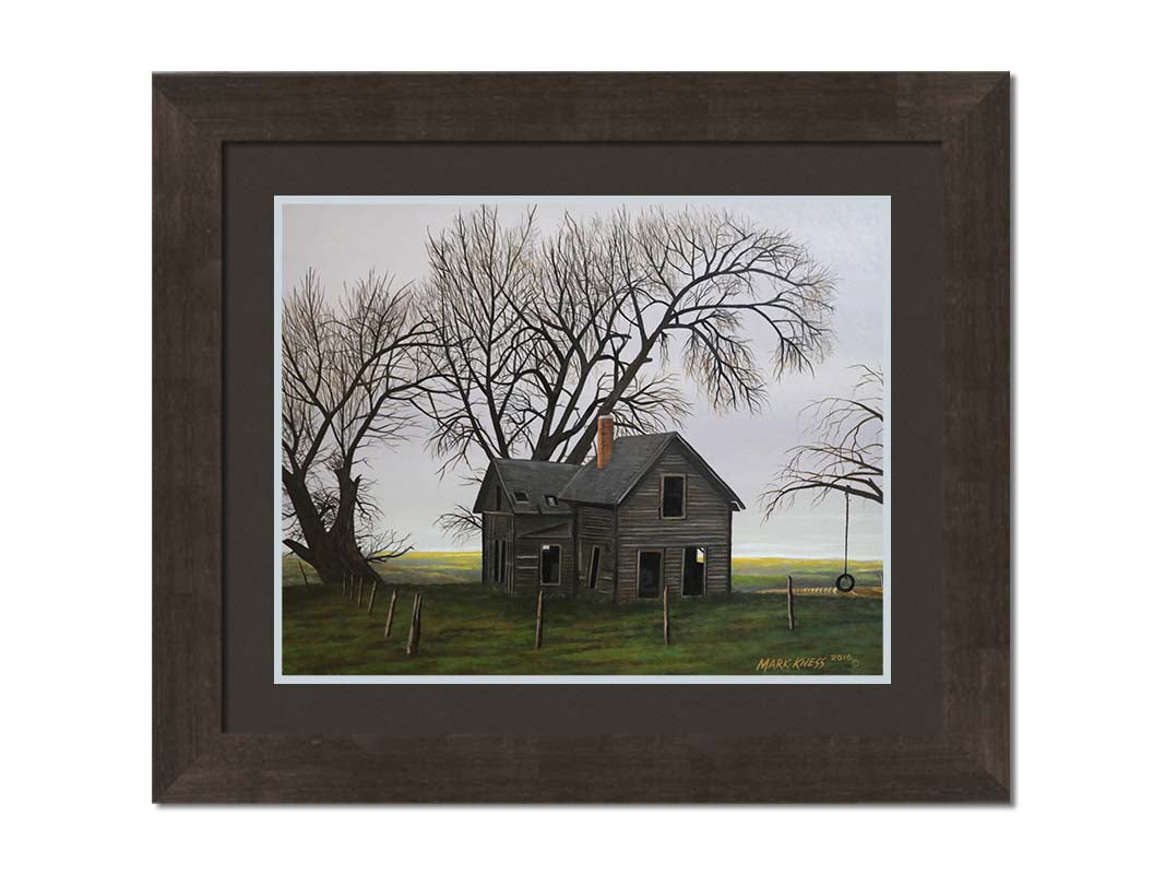 A painting of an old, abandoned house. There is a tire swing hanging on a bare tree in the yard, and the fields in the background are buried in fog. Printed on paper, matted, and framed.