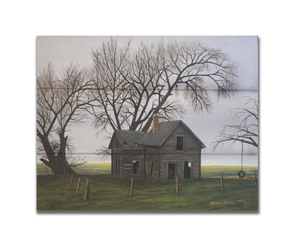 A painting of an old, abandoned house. There is a tire swing hanging on a bare tree in the yard, and the fields in the background are buried in fog. Printed on a box board.