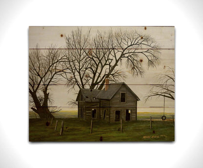 A painting of an old, abandoned house. There is a tire swing hanging on a bare tree in the yard, and the fields in the background are buried in fog. Printed on a wood pallet.