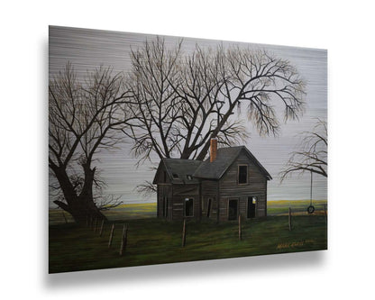 A painting of an old, abandoned house. There is a tire swing hanging on a bare tree in the yard, and the fields in the background are buried in fog. Printed on metal.