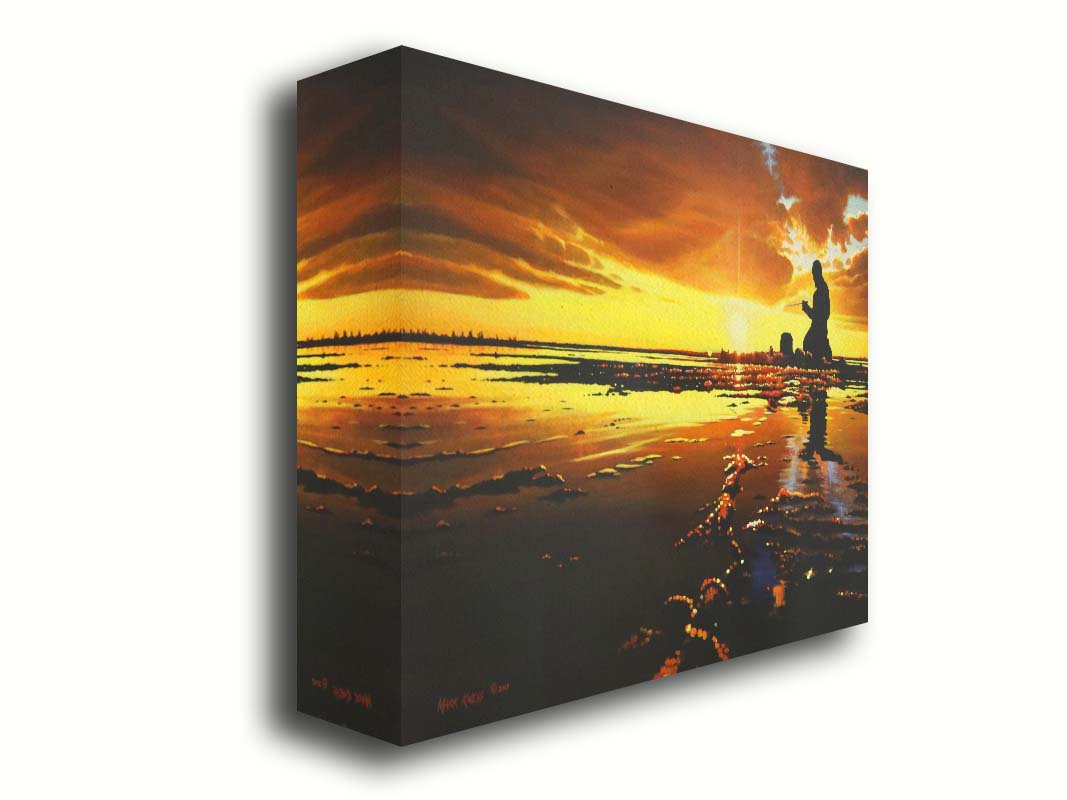 A painting of icy waters reflecting the sunset, with a fisherman silhouetted in the light, sitting with his fishing pole. Printed on canvas.