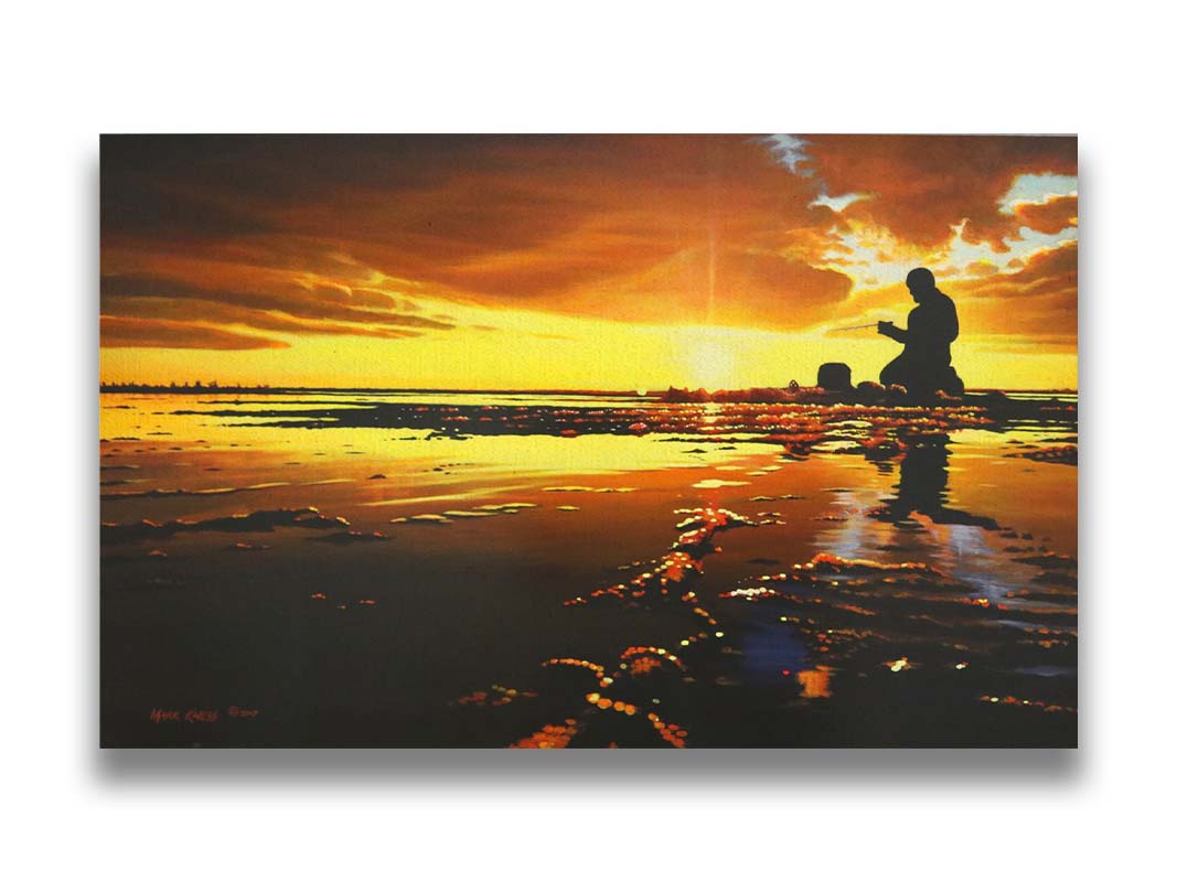 A painting of icy waters reflecting the sunset, with a fisherman silhouetted in the light, sitting with his fishing pole. Printed on canvas.