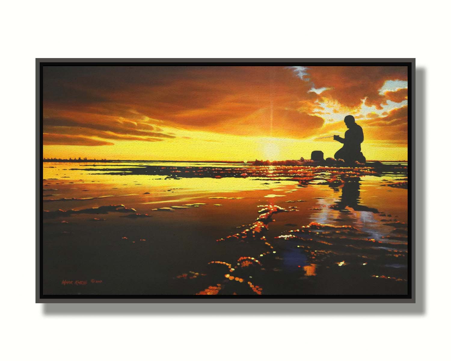 A painting of icy waters reflecting the sunset, with a fisherman silhouetted in the light, sitting with his fishing pole. Printed on canvas in a float frame.