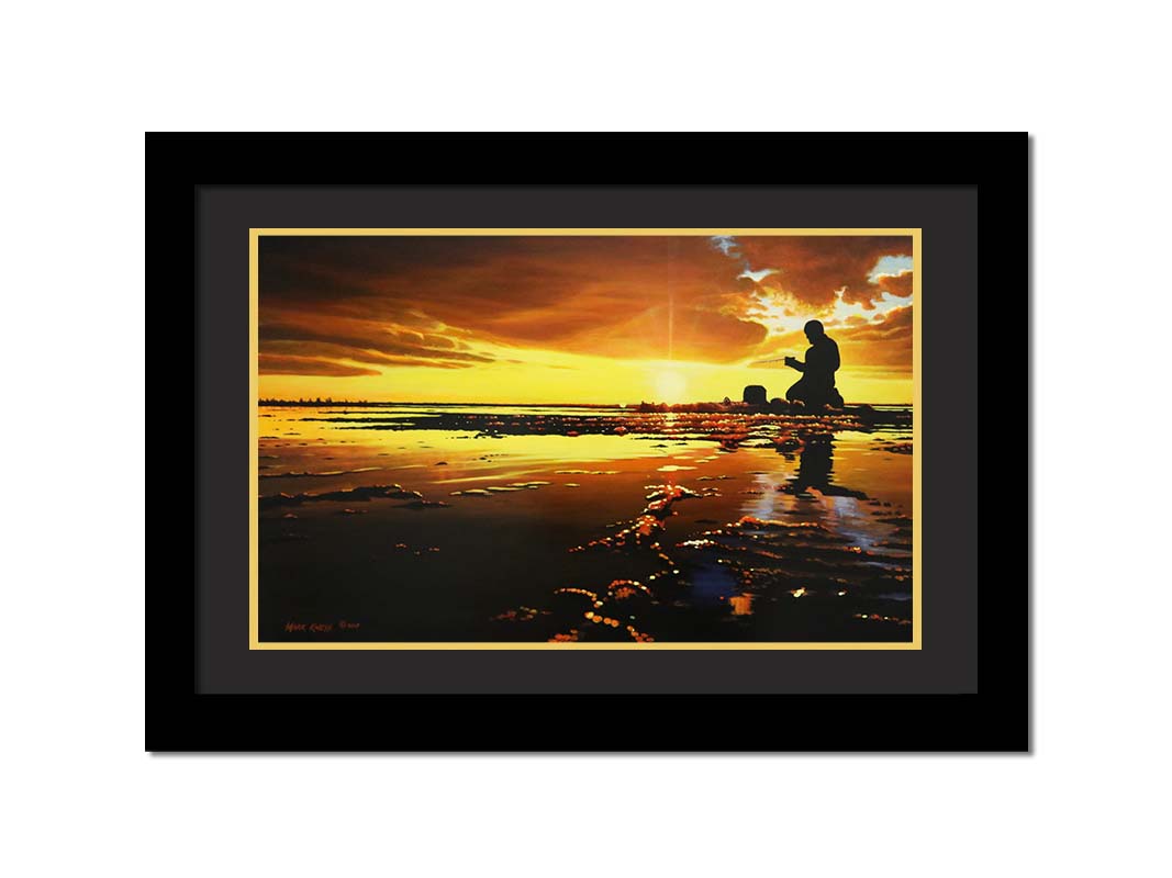 A painting of icy waters reflecting the sunset, with a fisherman silhouetted in the light, sitting with his fishing pole. Printed on paper, matted, and framed.