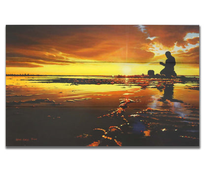 A painting of icy waters reflecting the sunset, with a fisherman silhouetted in the light, sitting with his fishing pole. Printed on a box board.