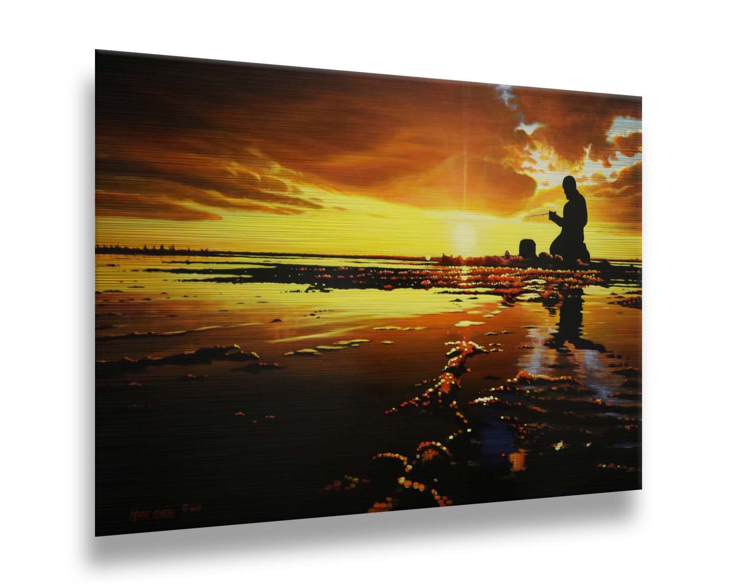 A painting of icy waters reflecting the sunset, with a fisherman silhouetted in the light, sitting with his fishing pole. Printed on metal.