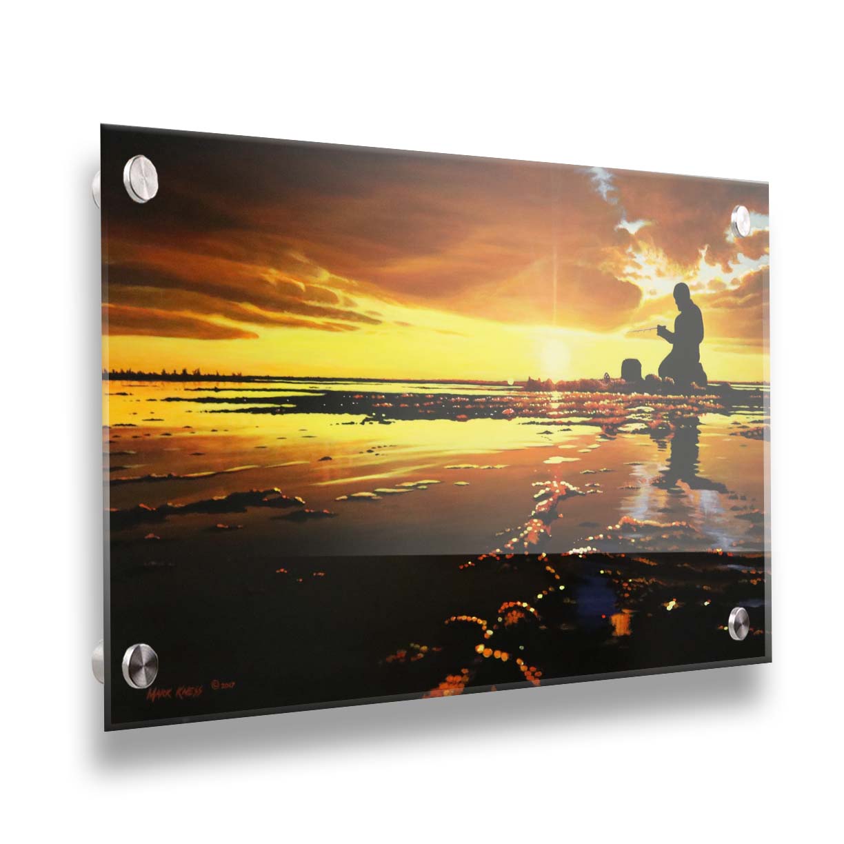 A painting of icy waters reflecting the sunset, with a fisherman silhouetted in the light, sitting with his fishing pole. Printed on acrylic.